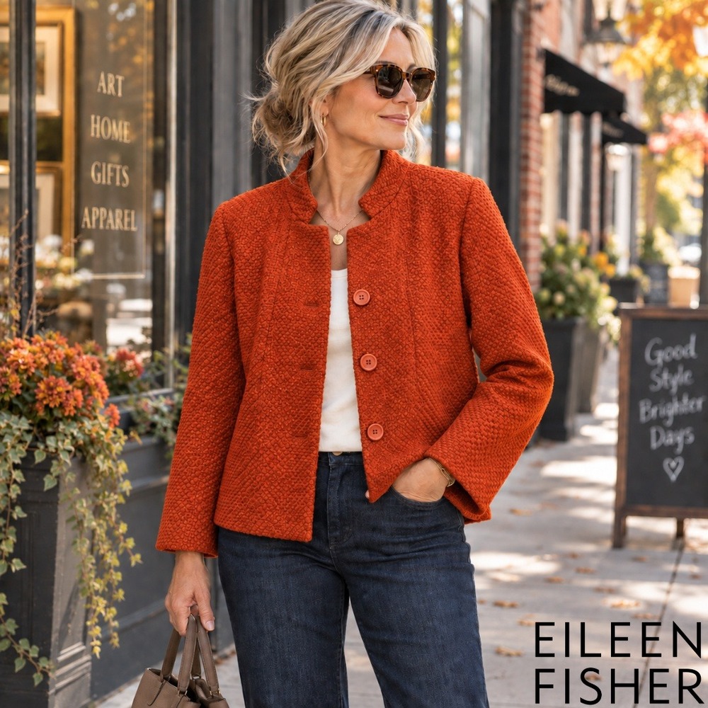Eileen Fisher, Wool Viscose Basket Weave Seamed Jacket, Orange